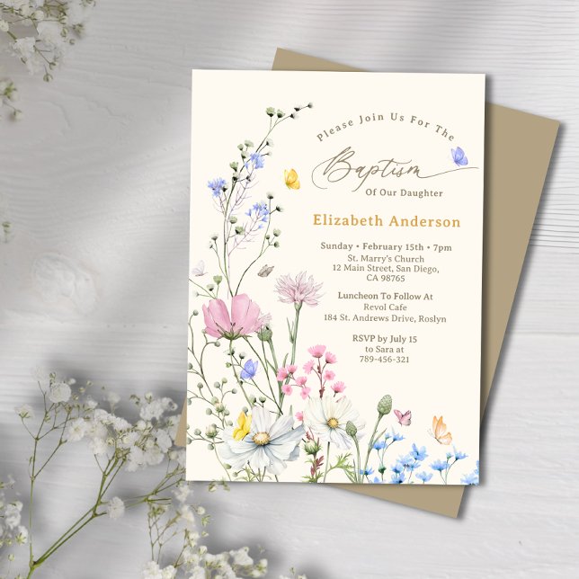 Convites Batismo de flor silvestre, rosa e azul-pastel (Pastel Pink & Blue Whimsical Wildflower Baptism Invitation)