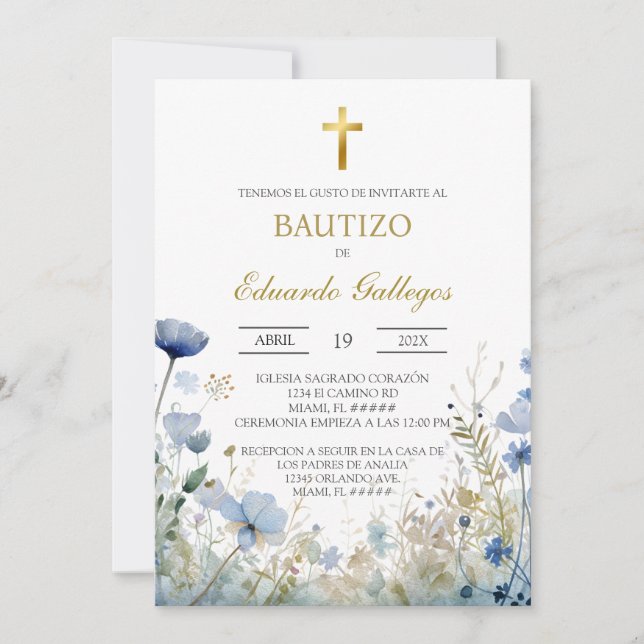 Convites Batismo de flores silvestres azules de primavera  (Frente)