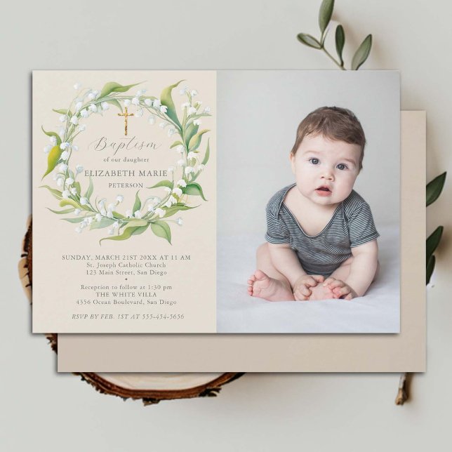 Convites Batismo de Foto Chic Formal Dourado Cross Valley (child baptism invitation photo lily valley floral wreath watercolor christening)