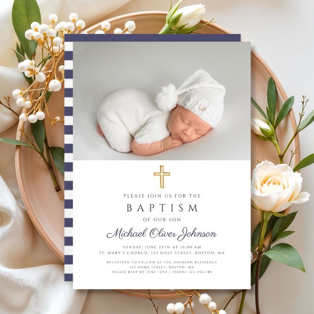 Convites Batismo de Foto Cruzada Religiosa Azul-Marinho Ele (Elegant Navy Blue Religious Cross Photo Baptism Invitation)
