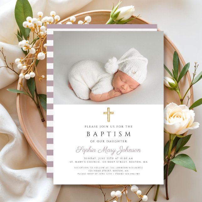Convites Batismo de Foto Cruzada Religiosa em Stripes Roxas (Purple Stripes Religious Cross Photo Baptism Invitation)