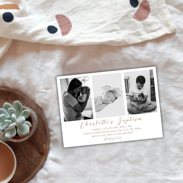 Convites Batismo de Foto do Bebê da Família Dourada Moderna (Modern Gold Script Family Baby Photo Baptism Invitation)
