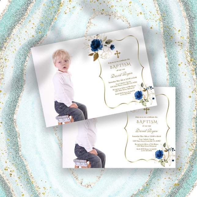 Convites Batismo de Foto do Dourado Floral Azul do Marinho  (blue flowers boy photo baptism, trendy blue floral photo baptism, blue gold boy photo baptism)