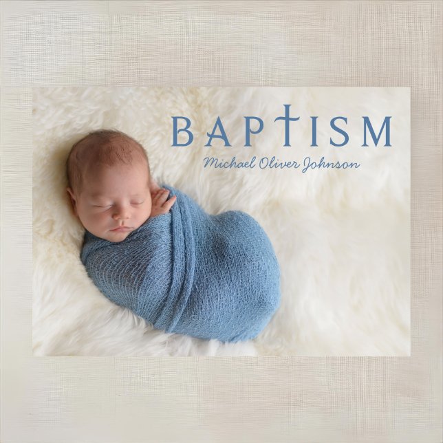 Convites Batismo de Foto do Menino Azul Moderno (1 Photo Elegant Religious Blue Boy Baptism Invitation)