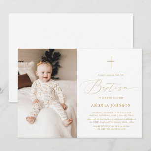 Convites Batismo de Foto Elegante Dourada e Branco Minimali