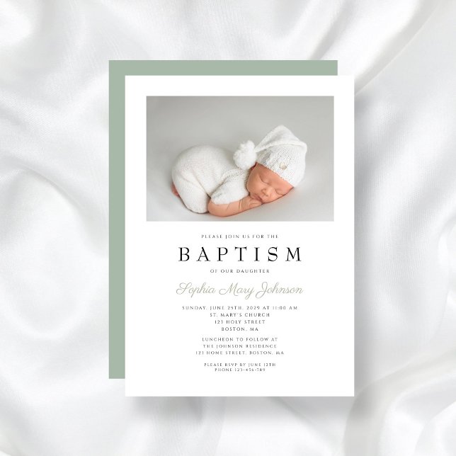 Convites Batismo de Foto Elegante Verde Sage (Sage Green Elegant Photo Boy Baptism Invitation)