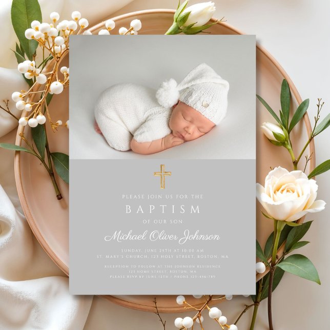 Convites Batismo de Foto Religiosa Elegante (Elegant Religious Cross Photo Baptism Invitation)