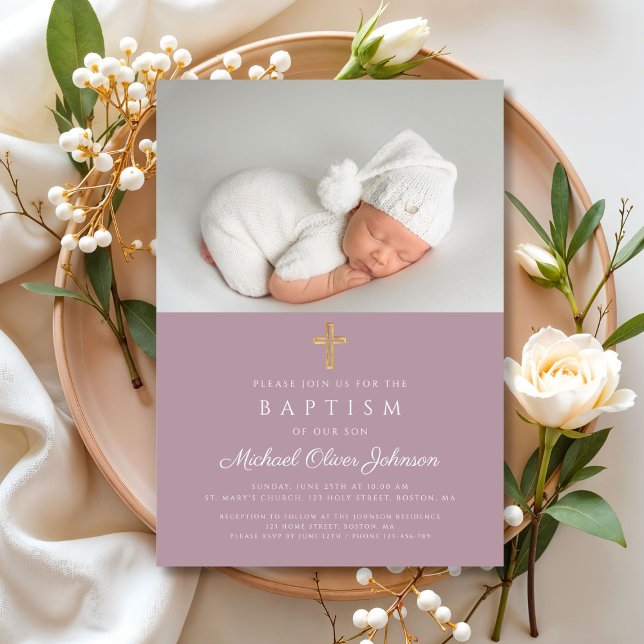 Convites Batismo de Foto Religiosa Moderna Mauve (Mauve Modern Religious Cross Photo Baptism Invitation)