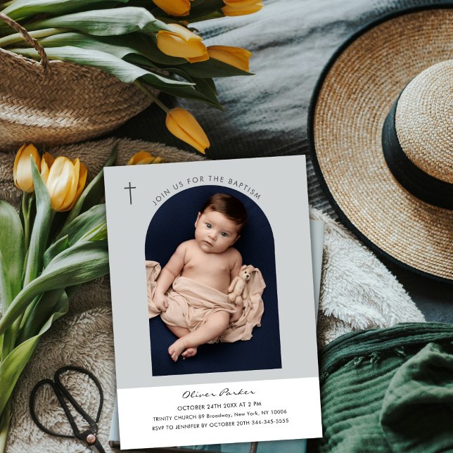Convites Batismo de Foto Simples Moderno do Arch do Boho (Simple Modern Boho Arch Cross Baby Photo Baptism Invitation)