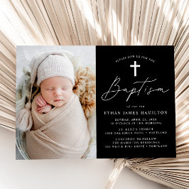 Convites Batismo de Fotografia com Script Branco e Preto Mo