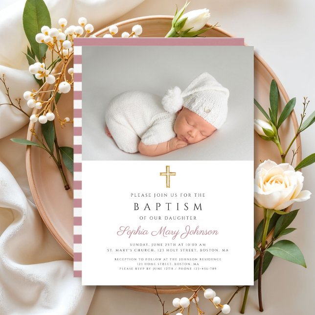 Convites Batismo de Fotografia Cruzada Religiosa em Greve R (Modern Pink Stripes Religious Cross Photo Baptism Invitation)