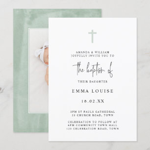 Convites Batismo de Fotografia de Cor Verde Elegante Minima