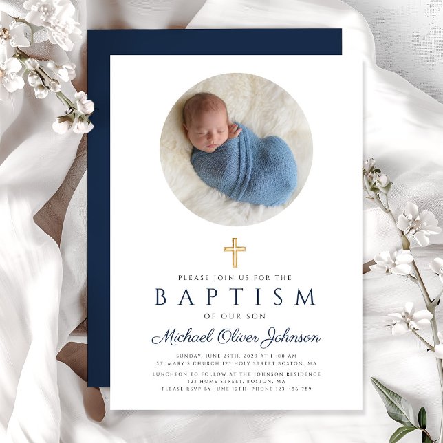 Convites Batismo de Fotografia do Elegante Marinho Blue Scr (Navy Blue Elegant Religious Boy Photo Baptism Invitation)