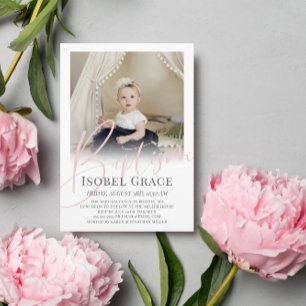 Convites Batismo de Fotografia do Script Rosa Blush