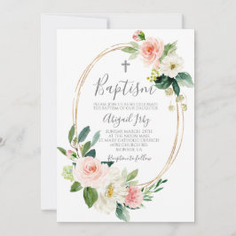 Convites Batismo de Frame Floral Rosa