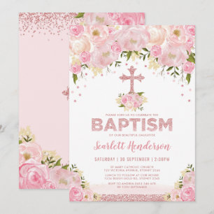 Convites Batismo De Garota Floral Cor-de-Rosa Com Brilho Do