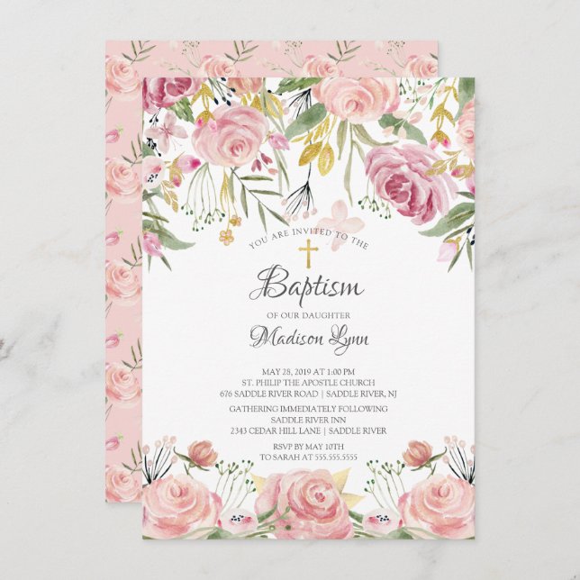 Convites Batismo De Garota Floral Rosa-Cinza-Cama (Frente/Verso)