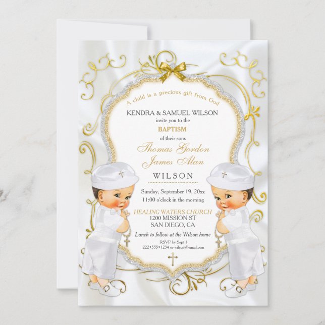 Convites Batismo de Gêmeos Meninos Crucifixo Dourado Branco (Frente)
