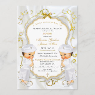 Convites Batismo de Gêmeos Meninos Crucifixo Dourado Branco