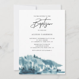 Convites Batismo de inverno da Floresta Azul de Aquarela