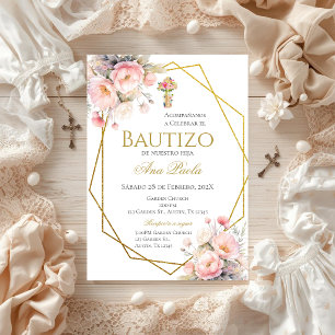 Convites Batismo de Laço Rosa Espanhol