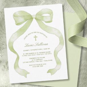 Convites Batismo de Laço Verde Elegante