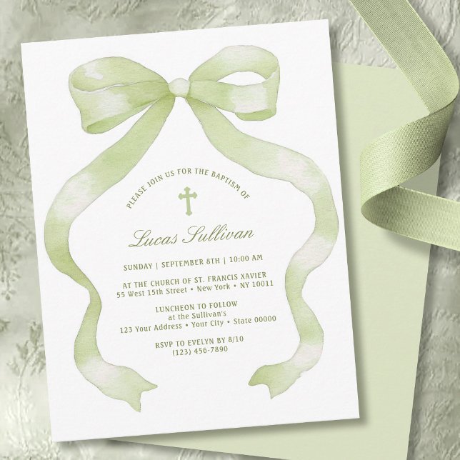 Convites Batismo de Laço Verde Elegante (Criador carregado)