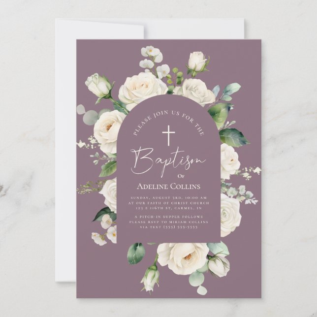 Convites Batismo de Lavanda envelhecida por Script Elegante (Frente)