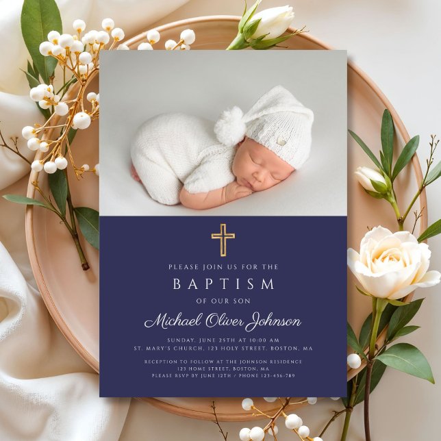 Convites Batismo de marinho Azul Cruz Religiosa (Navy Blue Religious Cross Photo Boy Baptism Invitation)