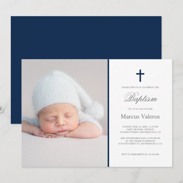 Convites Batismo de Marinho Cruzado Elegante  (Frente/Verso)