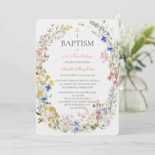 Convites Batismo de Menina Boho Flor Silvestre (Em pé/Frente)