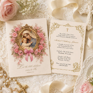 Convites Batismo de Menina Católica - Floral e Querubins
