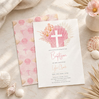 Convites Batismo de Menina | Cruz Boho Rosa com Concha