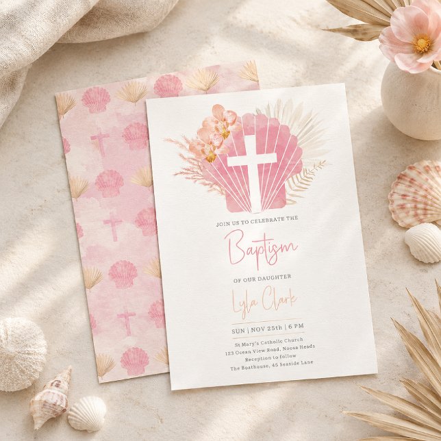 Convites Batismo de Menina | Cruz Boho Rosa com Concha (Criador carregado)