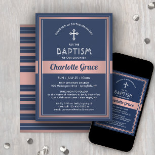 Convites Batismo de Menina Elegante Azul Rosa Dourado