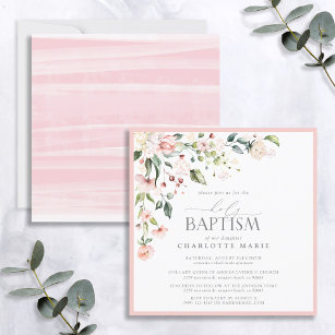 Convites Batismo de Menina Floral em Aquarela Rosa Elegante