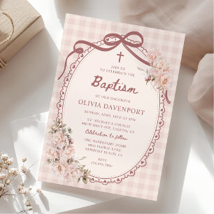 Convites Batismo de Menina Floral Rosa com Xadrez Caprichos