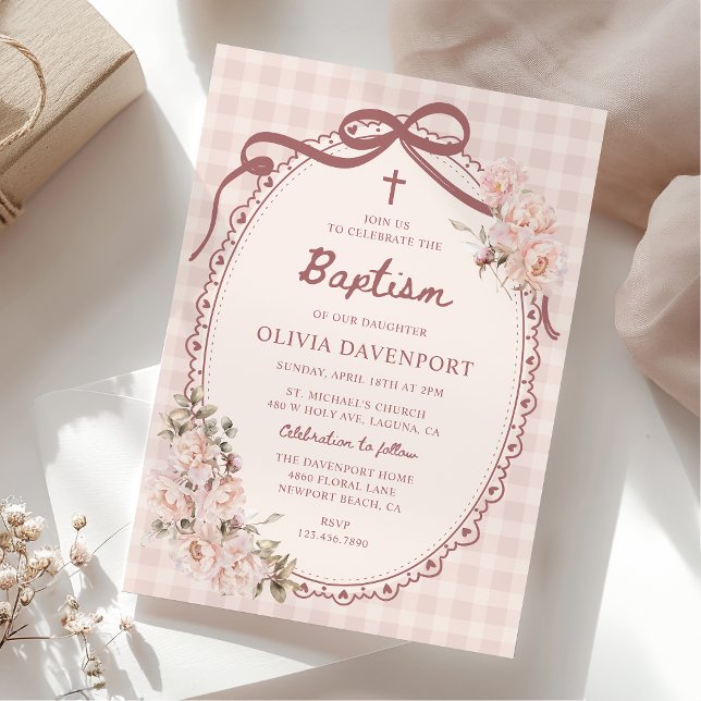 Convites Batismo de Menina Floral Rosa com Xadrez Caprichos (Criador carregado)