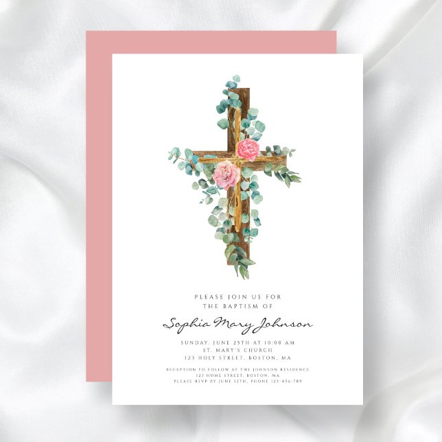 Convites Batismo de Menina Floral Rosa Religiosa (Religious Cross Pink Floral Girl Baptism Invitation)