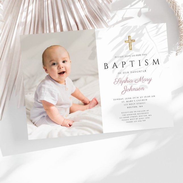 Convites Batismo de Menina Foto Cruz Script Rosa Moderno (Modern Pink Script Cross Girl Photo Baptism )