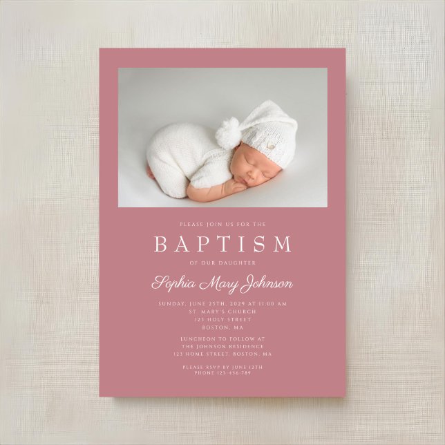 Convites Batismo de Menina Moderno Rosa Desbotado com Foto (Dusty Pink Modern Girl Photo Baptism Invitation)