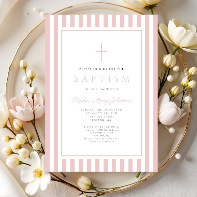 Convites Batismo de Menina Rosa Bege Elegante (Elegant Blush Pink Girl Baptism Invitation)
