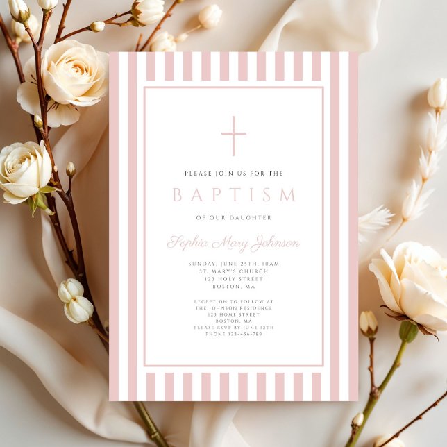 Convites Batismo de Menina Rosa Elegante (Elegant Blush Pink Girl Baptism Invitation)