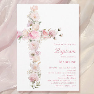 Convites Batismo de menina rosa floral cruz 