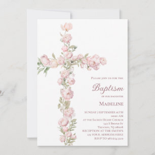 Convites Batismo de menina rosa peônias floral cruz
