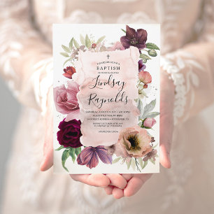 Convites Batismo de Meninas   Floral Rosa Empoeirado e Verm