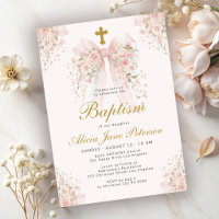 Batismo de meninas laço rosa elegante floral igrej