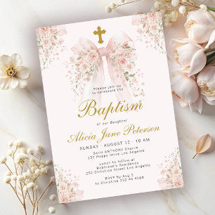 Convites Batismo de meninas laço rosa elegante floral igrej