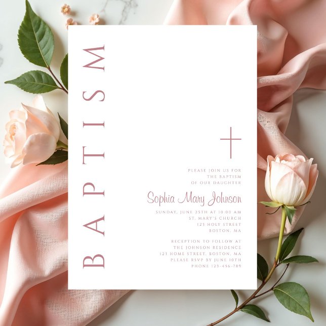 Convites Batismo de Meninas Rosa com Letra Elegante Moderna (Modern Elegant Script Pink Girls Baptism Invitation)