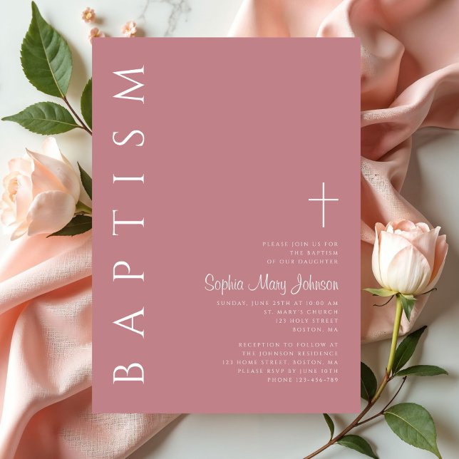 Convites Batismo de Meninas Rosa com Letra Elegante Moderna (Modern Elegant Script Pink Girls Baptism Invitation)